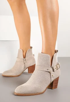 Jasnobeżowe Botki Kowbojki Vices na Słupku z Klamrą Falfedi