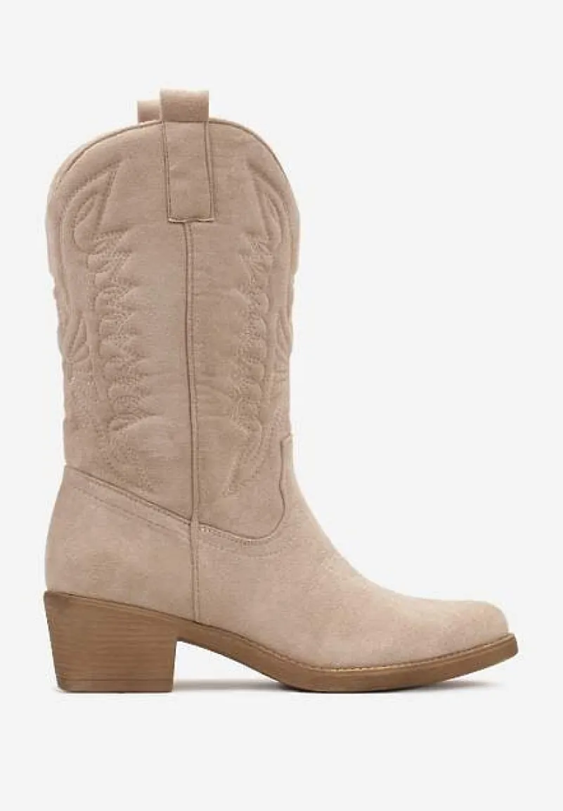Jasnobeżowe Botki Kowbojki na Niskim Słupku z Ozdobnym Haftem Infavia