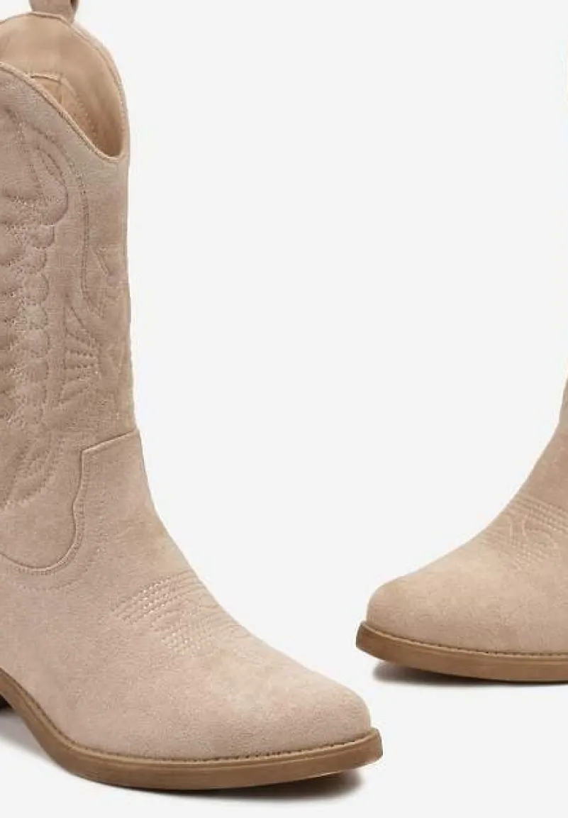 Jasnobeżowe Botki Kowbojki na Niskim Słupku z Ozdobnym Haftem Infavia