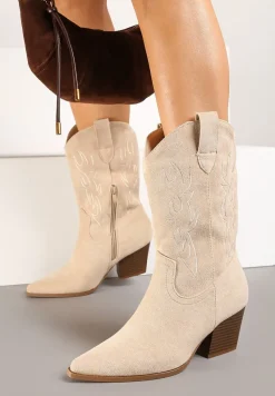 Jasnobeżowe Botki Kowbojki z Ekozamszu na Obcasie Typu Stożek Riadorael