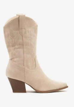 Jasnobeżowe Botki Kowbojki z Ekozamszu na Obcasie Typu Stożek Riadorael