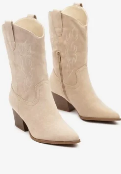 Jasnobeżowe Botki Kowbojki z Ekozamszu na Obcasie Typu Stożek Riadorael