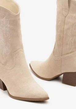 Jasnobeżowe Botki Kowbojki z Ekozamszu na Obcasie Typu Stożek Riadorael