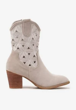 Jasnobeżowe Botki Kowbojki Vices na Słupku z Geometrycznym Motywem Sarori