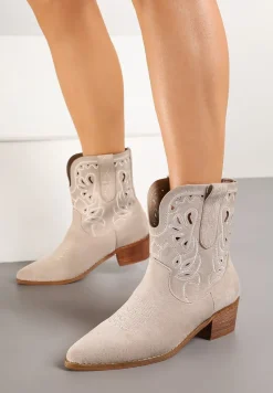 Jasnobeżowe Botki Kowbojki Vices na Słupku Ozdobione Haftem Nelithen