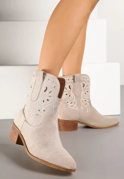 Jasnobeżowe Botki Kowbojki Vices na Słupku Ozdobione Haftem Nelithen