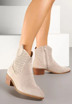 Jasnobeżowe Botki Kowbojki Vices na Słupku z Ażurową Cholewką Elfedi