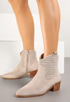 Jasnobeżowe Botki Kowbojki Vices na Słupku z Ażurową Cholewką Elfedi