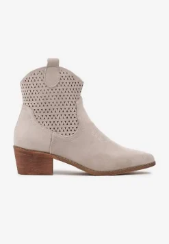 Jasnobeżowe Botki Kowbojki Vices na Słupku z Ażurową Cholewką Elfedi