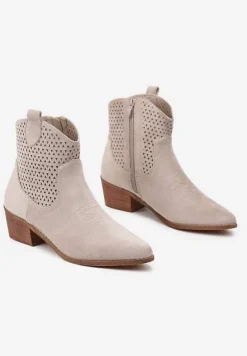 Jasnobeżowe Botki Kowbojki Vices na Słupku z Ażurową Cholewką Elfedi