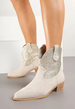 Jasnobeżowe Botki Typu Kowbojki na Niskim Obcasie Elearisha