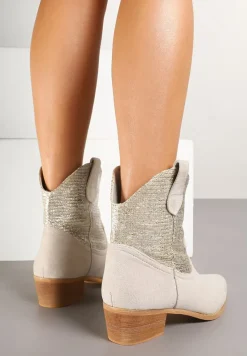 Jasnobeżowe Botki Typu Kowbojki na Niskim Obcasie Elearisha