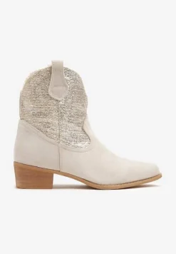 Jasnobeżowe Botki Typu Kowbojki na Niskim Obcasie Elearisha