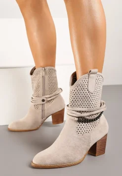 Jasnobeżowe Botki Vices na Słupku w Stylu Kowbojek z Ażurową Cholewką i Paskami Tulifedi