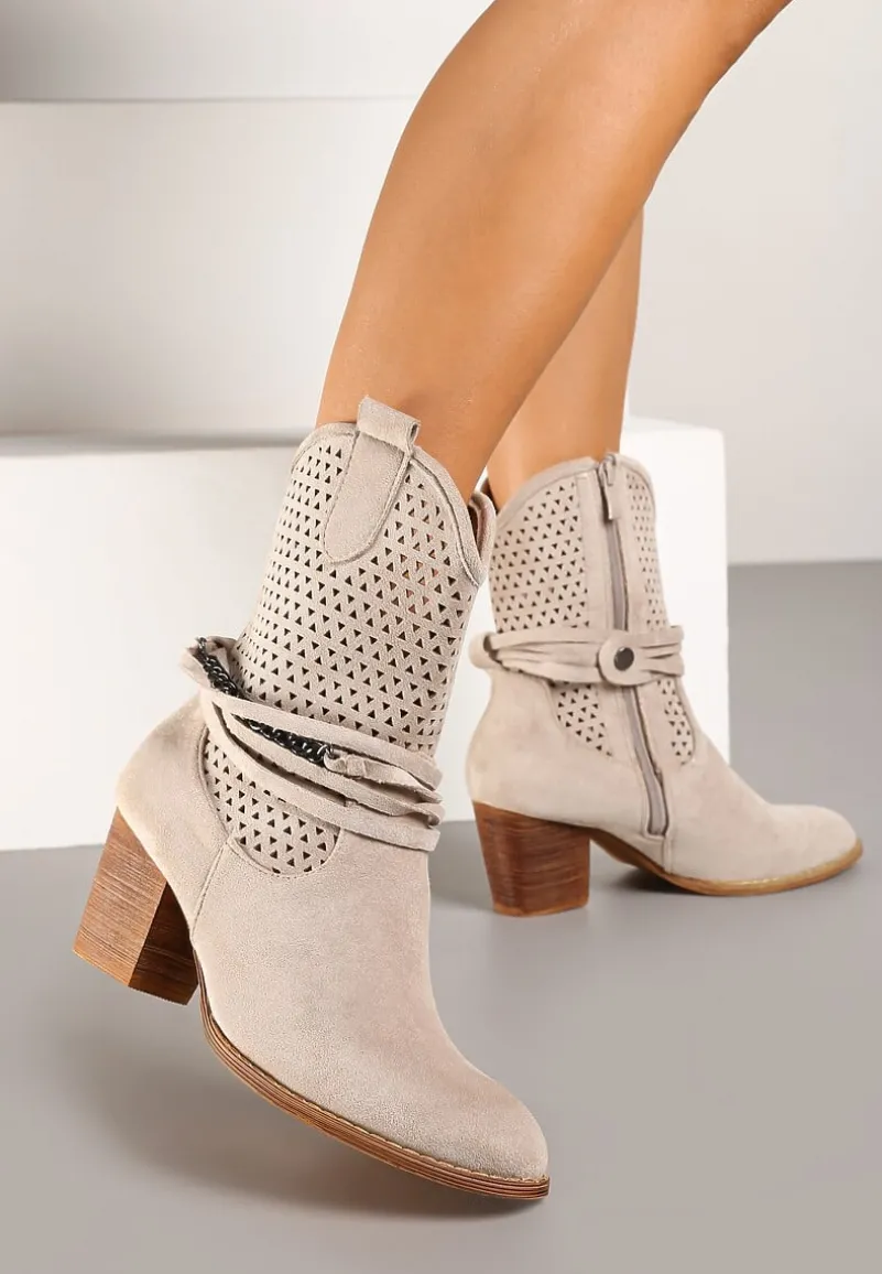 Jasnobeżowe Botki Vices na Słupku w Stylu Kowbojek z Ażurową Cholewką i Paskami Tulifedi