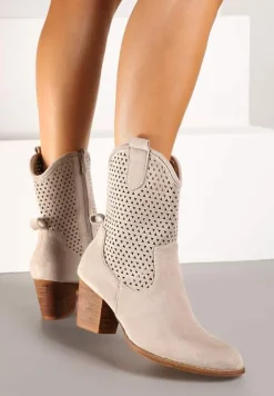 Jasnobeżowe Botki Vices na Słupku w Stylu Kowbojek z Ażurową Cholewką i Paskami Tulifedi