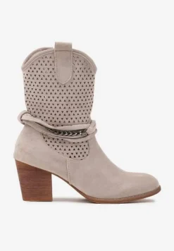 Jasnobeżowe Botki Vices na Słupku w Stylu Kowbojek z Ażurową Cholewką i Paskami Tulifedi