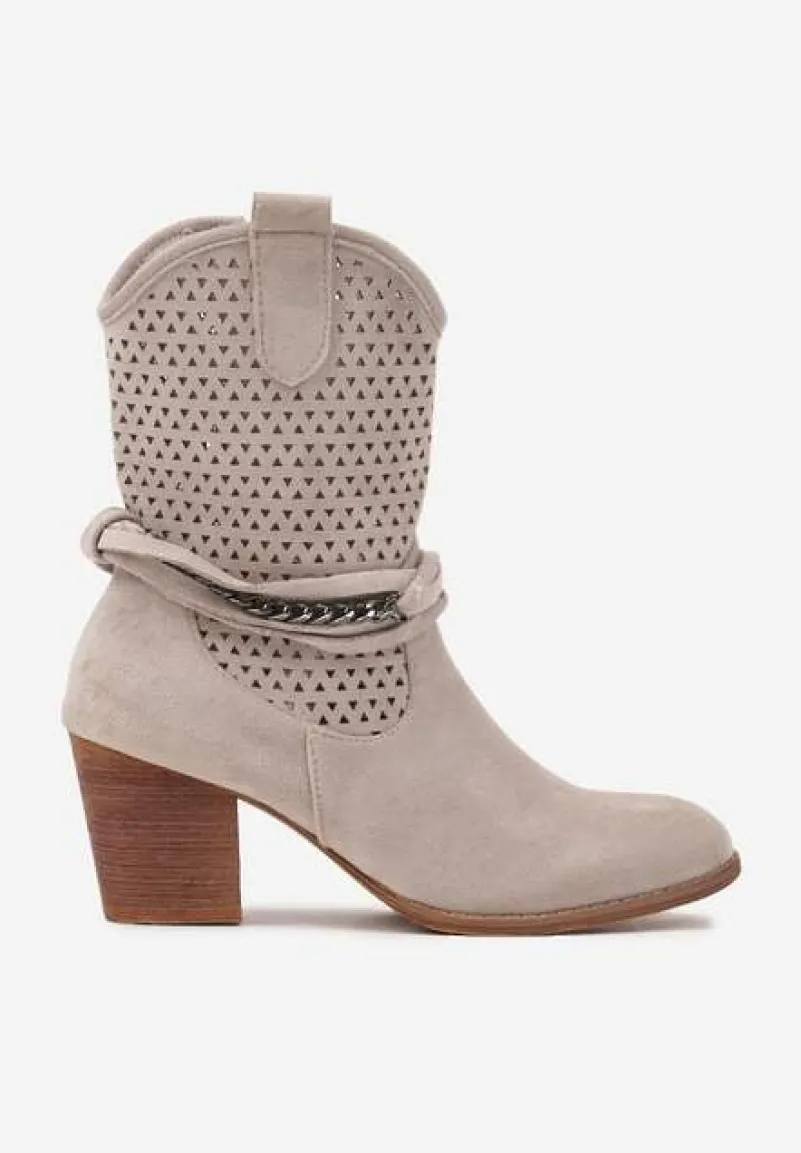Jasnobeżowe Botki Vices na Słupku w Stylu Kowbojek z Ażurową Cholewką i Paskami Tulifedi