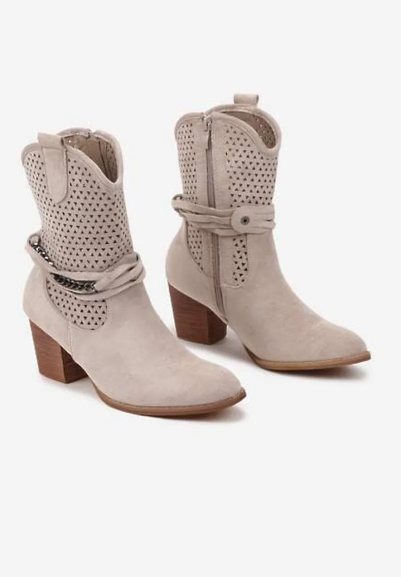 Jasnobeżowe Botki Vices na Słupku w Stylu Kowbojek z Ażurową Cholewką i Paskami Tulifedi