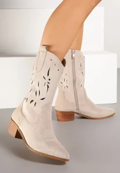 Jasnobeżowe Botki Vices na Słupku Kowbojki z Ażurową Cholewką Rivori