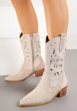 Jasnobeżowe Botki Vices na Słupku Kowbojki z Ażurową Cholewką Rivori