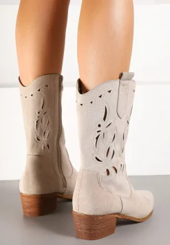 Jasnobeżowe Botki Vices na Słupku Kowbojki z Ażurową Cholewką Rivori