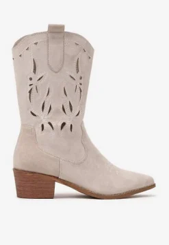 Jasnobeżowe Botki Vices na Słupku Kowbojki z Ażurową Cholewką Rivori
