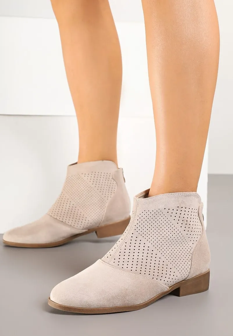 Jasnobeżowe Botki Vices z Ekozamszu z Ażurową Cholewką Selianae