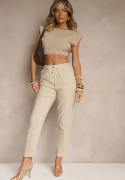 Jasnobeżowe Casualowe Spodnie z Lnem z Gumką w Pasie Filanisse