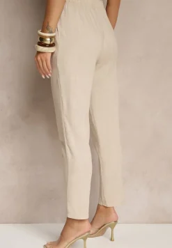 Jasnobeżowe Casualowe Spodnie z Lnem z Gumką w Pasie Filanisse