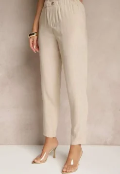 Jasnobeżowe Casualowe Spodnie z Lnem z Gumką w Pasie Filanisse