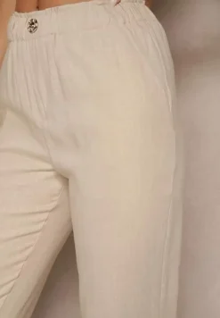 Jasnobeżowe Casualowe Spodnie z Lnem z Gumką w Pasie Filanisse