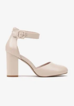 Jasnobeżowe Czółenka na Obcasie Typu Słupek ze Skórzaną Wkładką i Paseczkiem Wokół Kostki Belandria