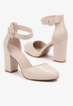 Jasnobeżowe Czółenka na Obcasie Typu Słupek ze Skórzaną Wkładką i Paseczkiem Wokół Kostki Belandria
