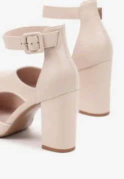 Jasnobeżowe Czółenka na Obcasie Typu Słupek ze Skórzaną Wkładką i Paseczkiem Wokół Kostki Belandria