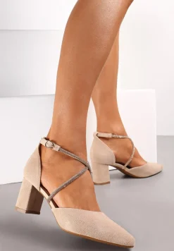 Jasnobeżowe Czółenka na Słupku z Paskami z Cyrkoniami i Szpiczastymi Noskami Jarise