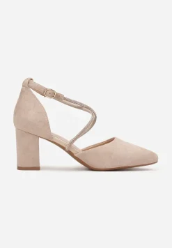 Jasnobeżowe Czółenka na Słupku z Paskami z Cyrkoniami i Szpiczastymi Noskami Jarise