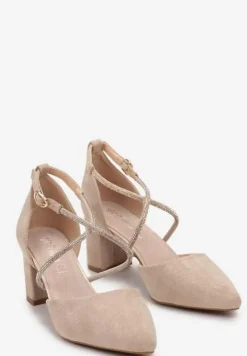 Jasnobeżowe Czółenka na Słupku z Paskami z Cyrkoniami i Szpiczastymi Noskami Jarise