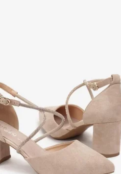 Jasnobeżowe Czółenka na Słupku z Paskami z Cyrkoniami i Szpiczastymi Noskami Jarise