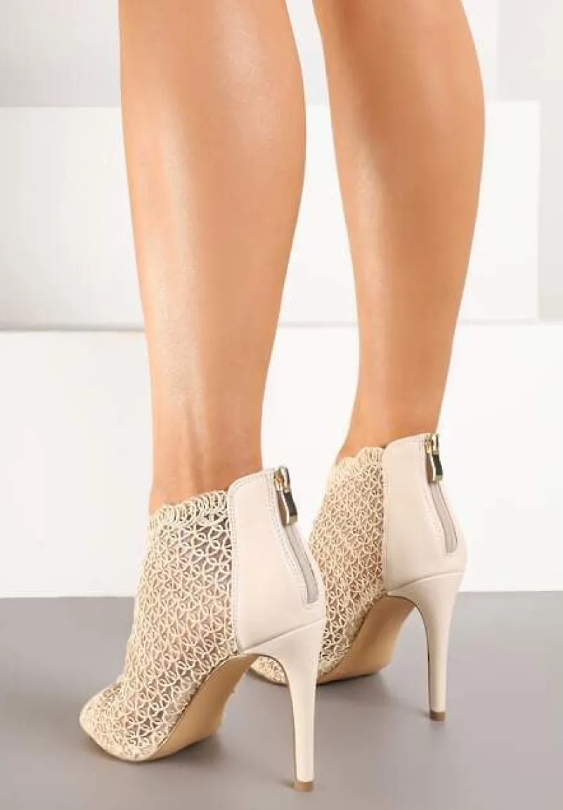 Jasnobeżowe Eleganckie Ażurowe Sandały Vices na Szpilce Nelithin