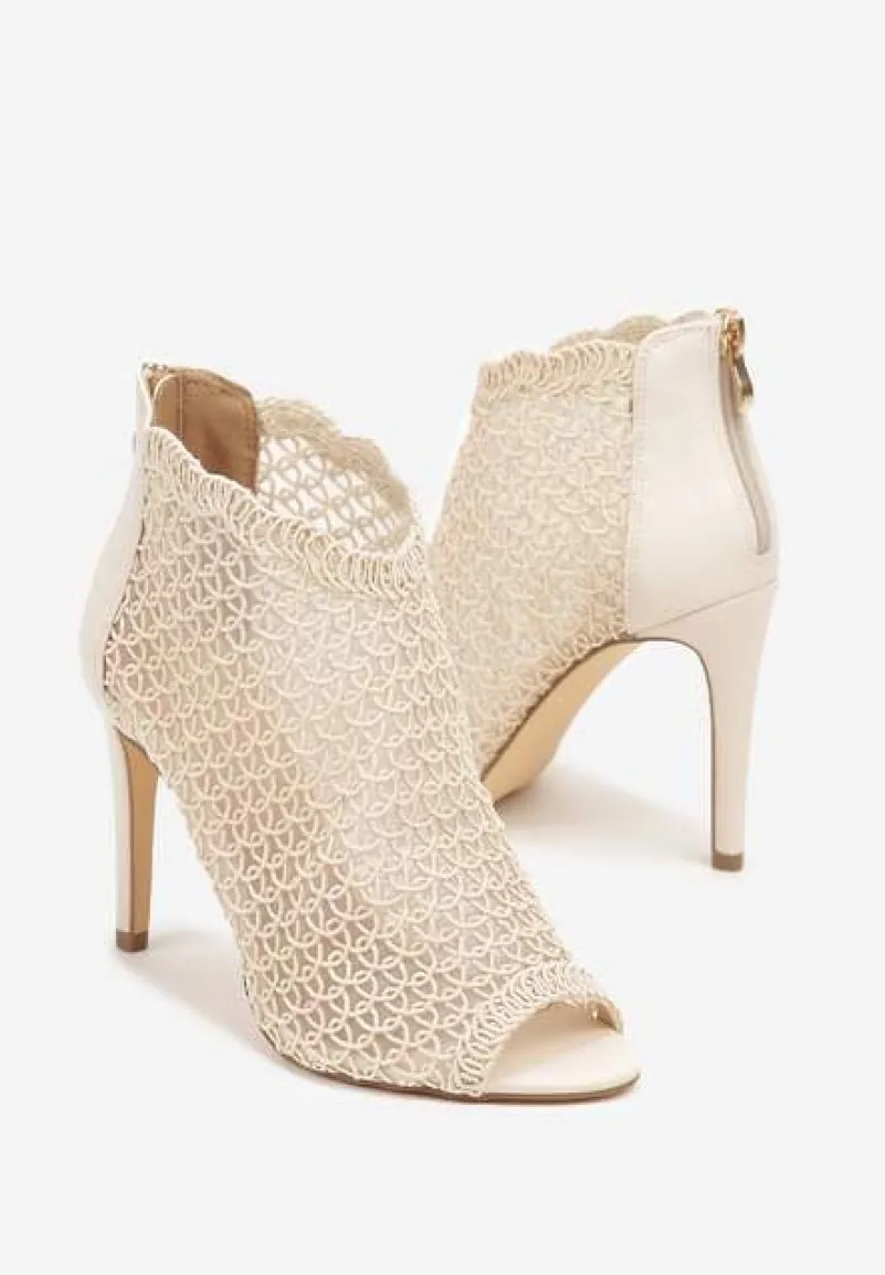 Jasnobeżowe Eleganckie Ażurowe Sandały Vices na Szpilce Nelithin