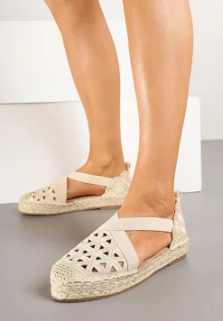 Jasnobeżowe Espadryle na Plecionej Podeszwie z Ażurowymi Zdobieniami Deothra