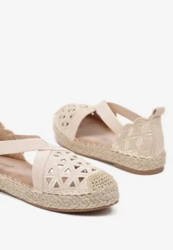 Jasnobeżowe Espadryle na Plecionej Podeszwie z Ażurowymi Zdobieniami Deothra