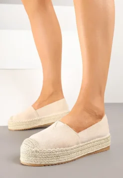 Jasnobeżowe Espadryle z Imitacji Zamszu na Platformie z Jutowej Plecionki Mirrona