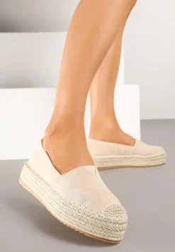 Jasnobeżowe Espadryle z Imitacji Zamszu na Platformie z Jutowej Plecionki Mirrona