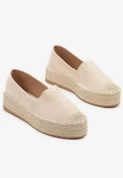 Jasnobeżowe Espadryle z Imitacji Zamszu na Platformie z Jutowej Plecionki Mirrona