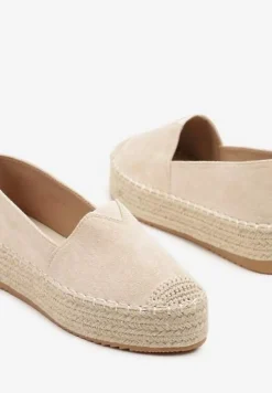 Jasnobeżowe Espadryle z Imitacji Zamszu na Platformie z Jutowej Plecionki Mirrona