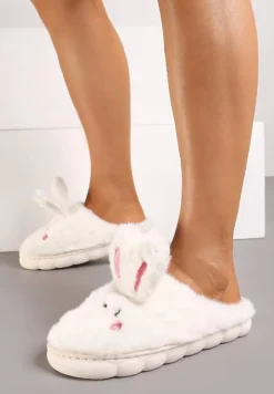 Jasnobeżowe Futrzane Kapcie Vices na Platformie z Tłoczeniem w Stylu Królika Adarevia