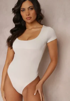 Jasnobeżowe Gładkie Body z Krótkimi Rękawami Divinua