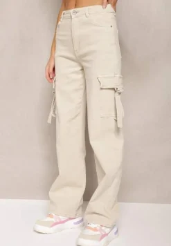 Jasnobeżowe Jeansy Bojówki z Kieszeniami Wendes